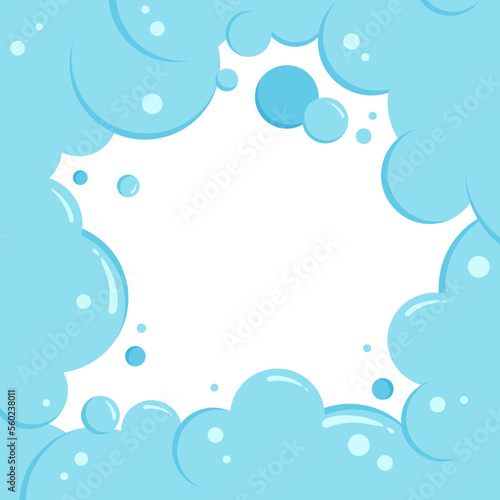 Cartoon soap bubbles border. Suds frame and foam background, blue clouds banner. Laundry effect. Abstract vector illustration