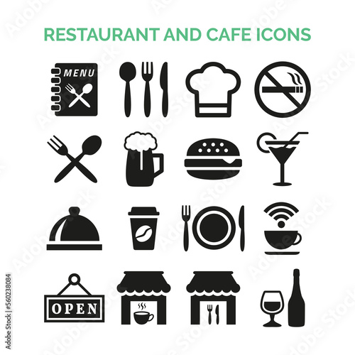 Restaurant and cafe icons set on white background.