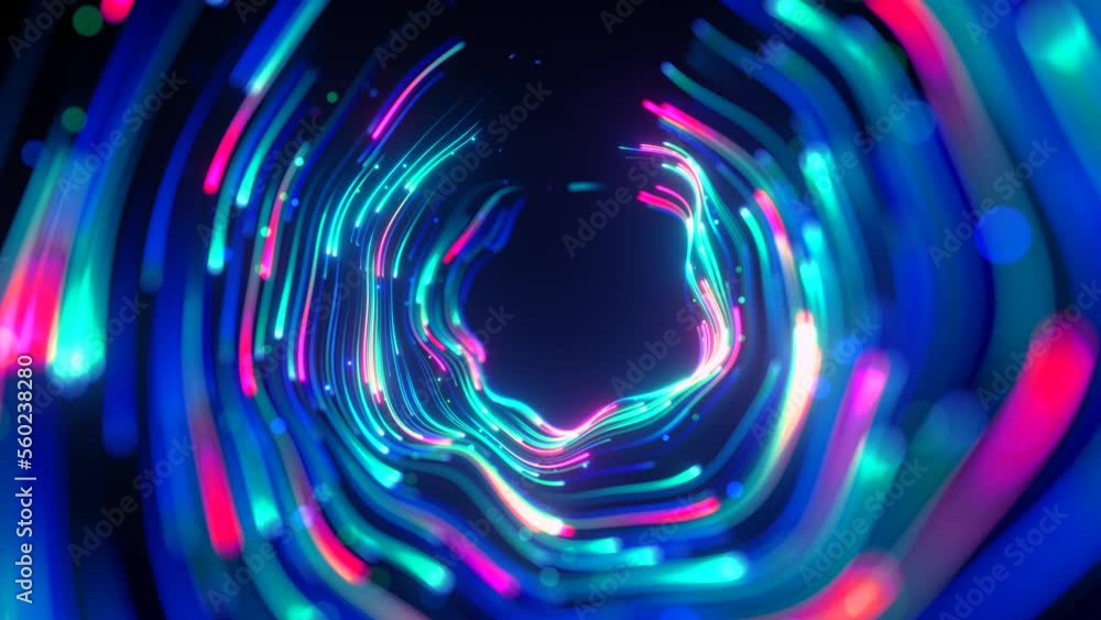 cycled 3d animation. Abstract background with spinning pink blue glowing curvy neon lines and bokeh lights, forming a tunnel vortex with hole