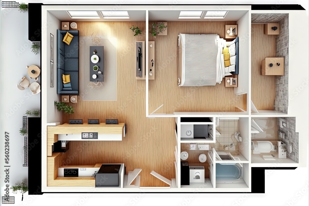 a floor plan of a small apartment with a bedroom and a living room and a kitchen area with a dining room and a bedroom area with a bed and a desk and a chair and a. Generative AI a floor plan of a small apartment with a bedroom and a living room and a kitchen area with a dining room and a bedroom area with a bed and a desk and a chair and a. Generative AI