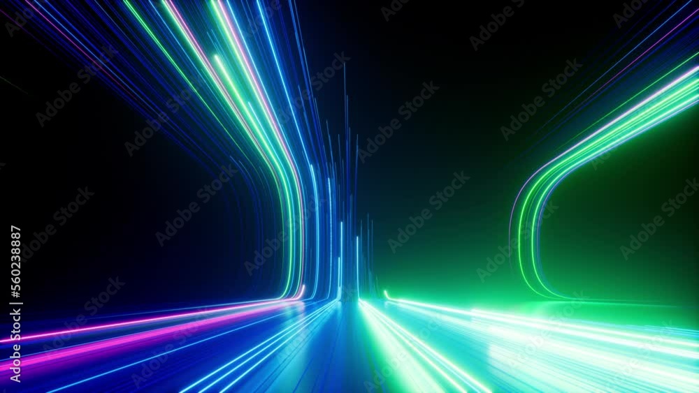 3d animation. Abstract neon background with blue green glowing lines sliding up. Futuristic animated wallpaper