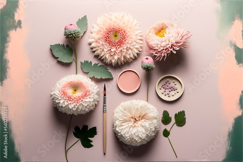  a pink background with flowers and a brush and a palette on it with a green background and a pink background with a pink background and green border with a few white flowers and green leaves.