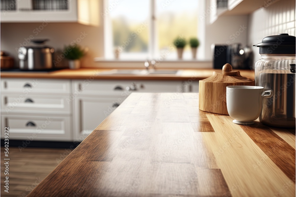  a kitchen counter with a wooden cutting board and a cup on it, and a window in the background with a pot and pane on it, and a wooden countertop with a.