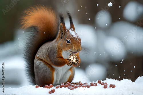Eichhörnchen mit Nüssen im Winter, Bokeh Hintergrund und Textfreiraum, Generative AI