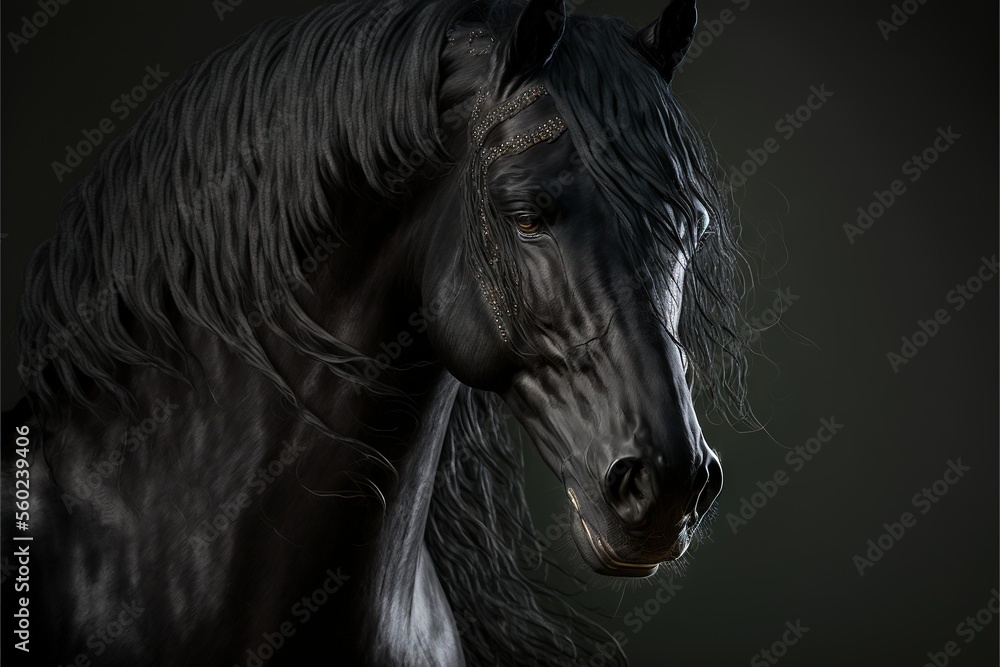 a black horse with long manes standing in the dark with a black background and a black background with a white horse's head and mane with a black background with a black background.