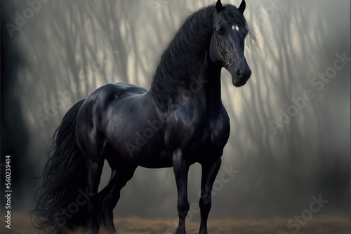  a black horse standing in a field with trees in the background and foggy sky above it  with a black horse standing in the foreground  with its head turned to the left.