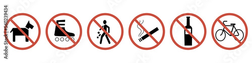 No litter, smoking, alcohol, bike, roller-skates, dog 