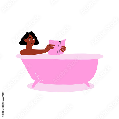 a woman takes a bath and reads a book. vacation. hand drawn vector illustration in flat style