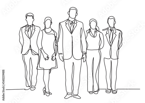 continuous line drawing five standing business professionals - PNG image with transparent background