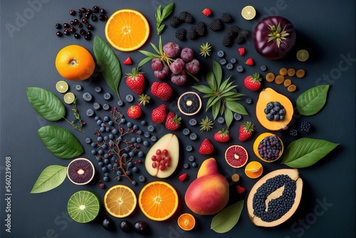  a bunch of fruits and vegetables are arranged in a circle on a black surface with leaves and berries on top of it, and a few of them are cut up to the top of the.