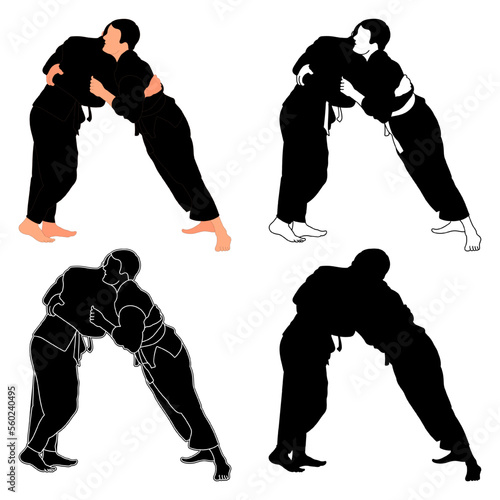 Silhouettes judoist, judoka, fighter in a duel, fight, judo sport, martial art, sport silhouettes pack