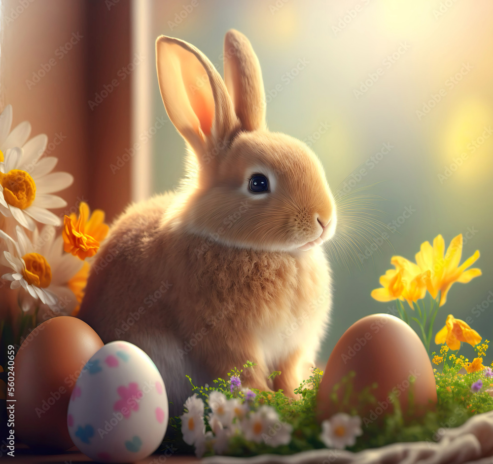 A cute bunny with Easter eggs and spring flowers. Created with Generative AI. A cute bunny with Easter eggs and spring flowers. Created with Generative AI.