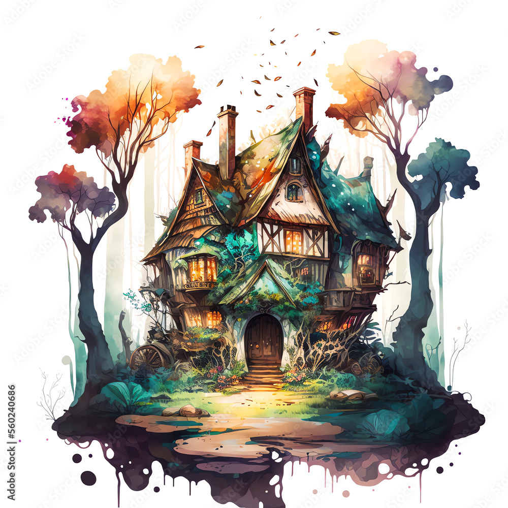 A watercolor style drawing of a fantasy house in a forest clearing. Created with Generative AI.