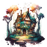 A watercolor style drawing of a fantasy house in a forest clearing. Created with Generative AI.