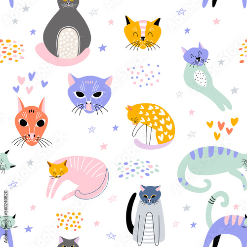 Cartoon hand drawn cats and faces with abstract decor. Seamless vector cute pattern with pets.