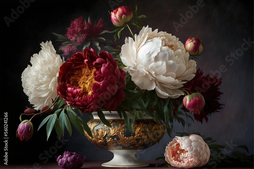  a vase filled with lots of flowers on a table next to a flower arrangement on a table top with a black background behind it and a few pink and white flowers in the middle of the. © Anna