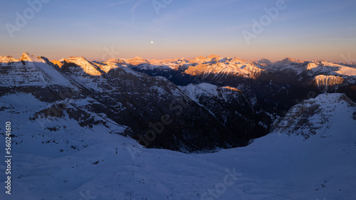 sunrise in the snow dolomites