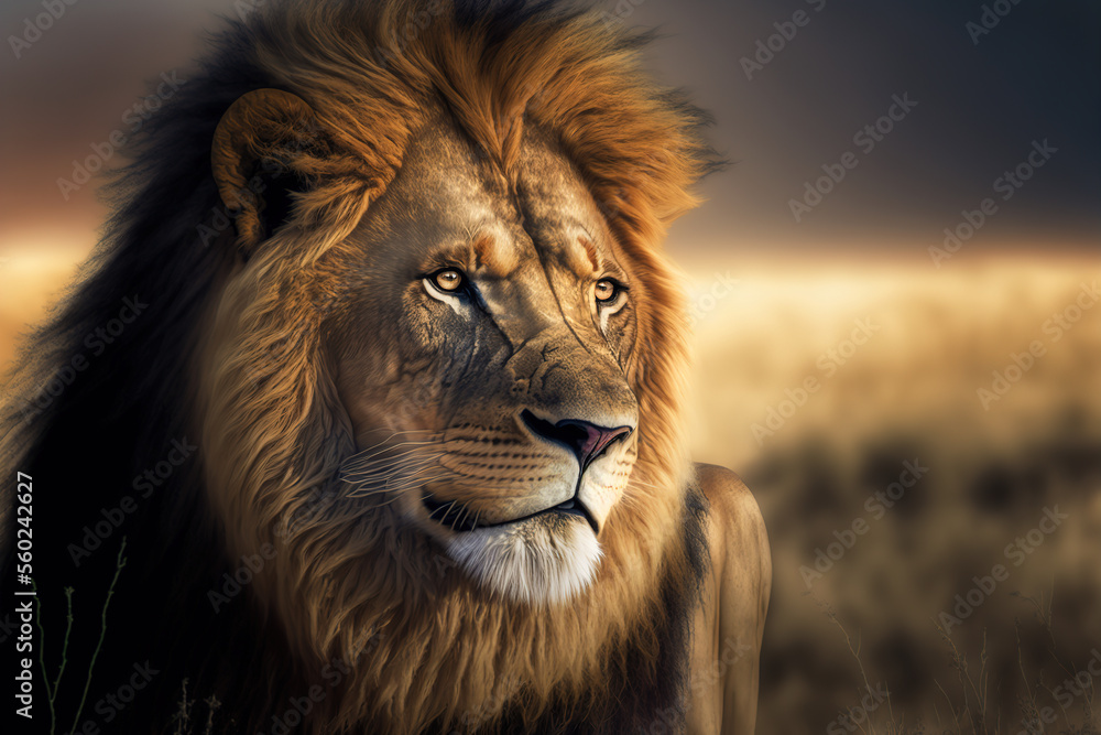Wild African lion in the savanna. Digital art	