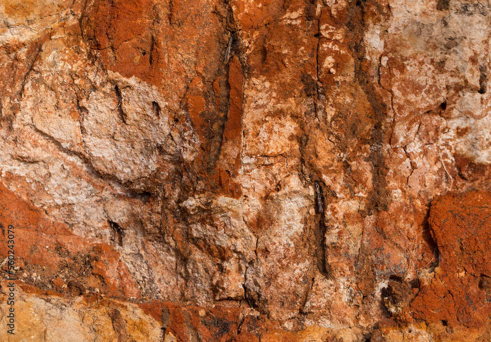 Sedimentary rocks with a high content of iron oxide. Red soil, loam. The texture of the soil. Sedimentary rocks with a high content of iron oxide. Red soil, loam. The texture of the soil.