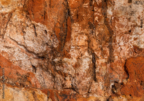 Sedimentary rocks with a high content of iron oxide. Red soil, loam. The texture of the soil. © Piotr