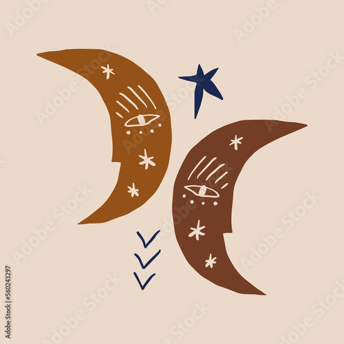 Vector flat design magic style moon crescent face couple illustration
