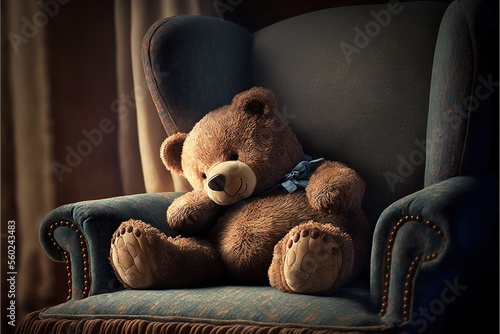  a teddy bear sitting in a blue chair with a blue bow around its neck and legs, with a blue background and a curtain behind it, with a blue and a blue chair with a. photo