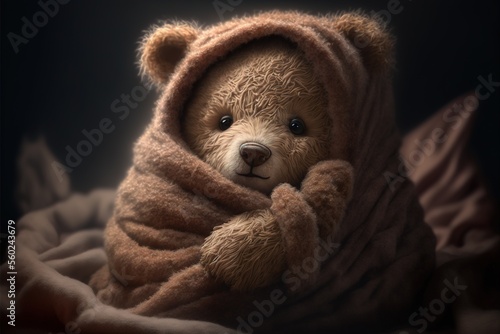  a teddy bear wrapped in a blanket on a bed with a blanket over it's head and eyes, with a black background behind it is a black background with a black backdrop and a.