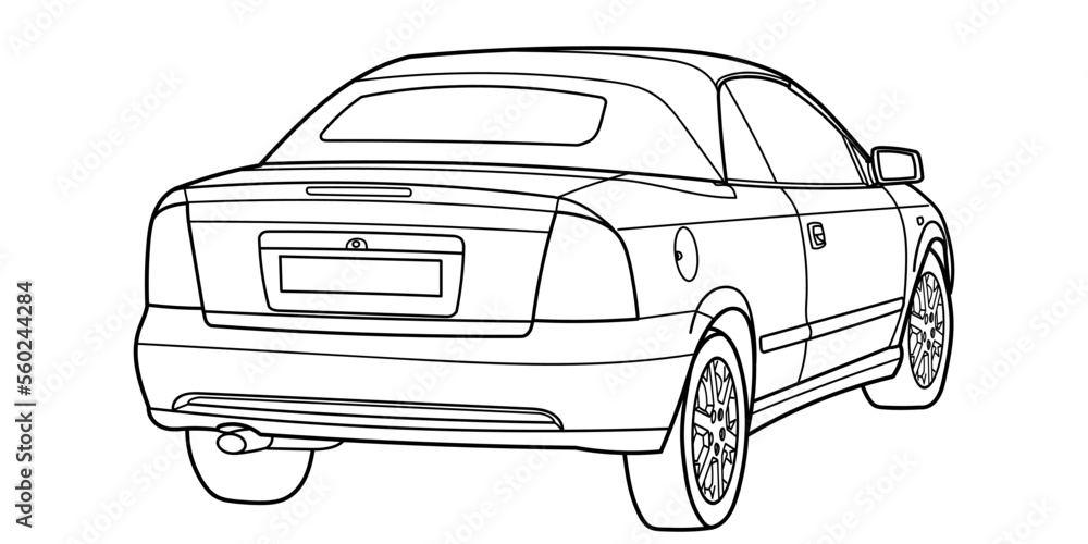 Outline drawing of a cabrio sport car from side view. Vector outline doodle illustration. Design for print or color book