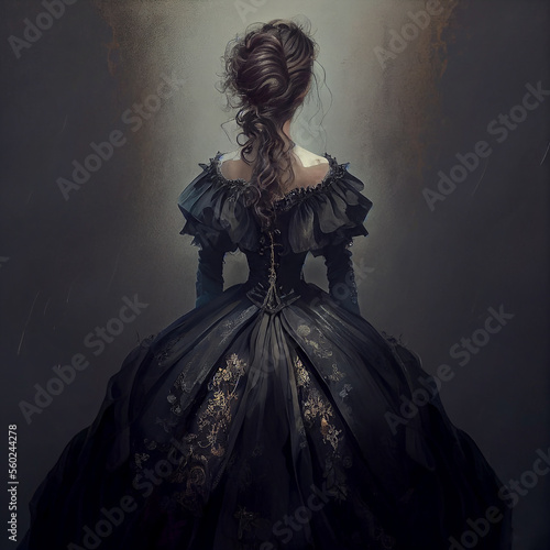Rear view of woman in long black gothic dress