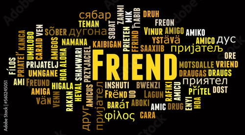 Friend in different languages word cloud concept on black