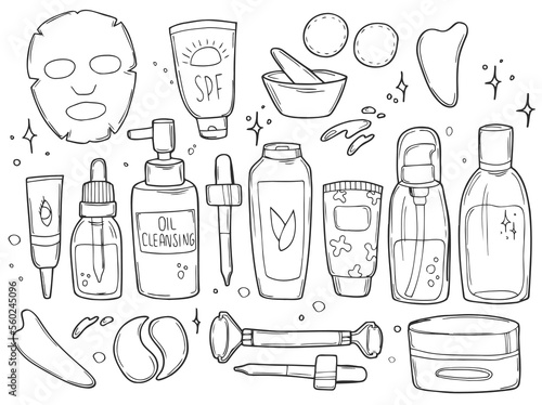 Doodle skin care cosmetics set. Beauty set. Skin care and beauty signs, spa salon and self-care icons. Vector doodle illustration