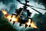 Helicopter gunship rains down missile and machine gun fire. Action scene. Made with Generative AI.