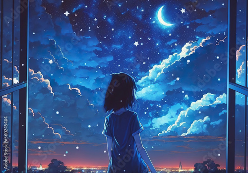 anime girl watching the night stars