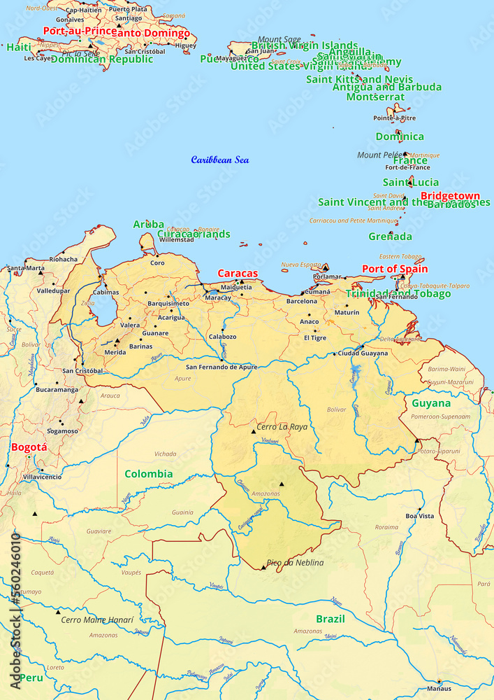 Venezuela map with cities streets rivers lakes