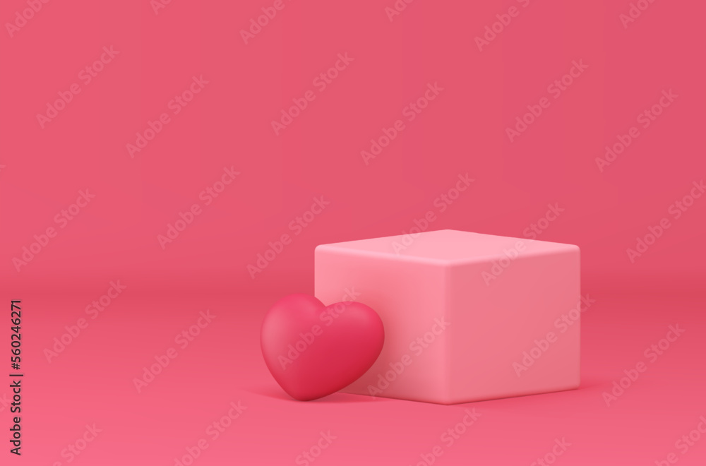 Romantic 3d podium squared pink display heart wedding date love holiday award arena realistic vector