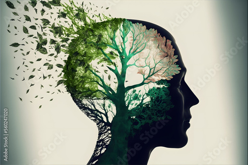 green environment sustainability mind thinking concept, head silhouette with tree leafs, white background, illustration digital generative ai design art style