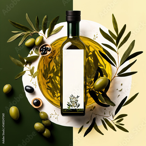 Olive oil bottle with olive leaves. A perfect background for a onepage site. photo