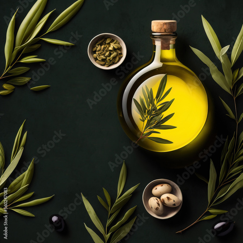 Olive oil bottle with olive leaves. A perfect background for a onepage site. photo