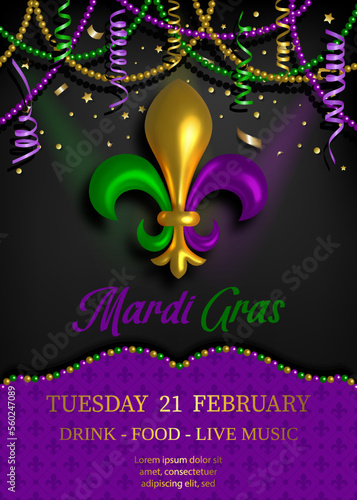 Leinwand Poster mardi gras poster with pearls and streamers