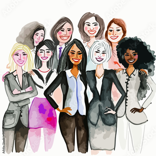 A modern, fashionable and joyful illustration showing a team of urban and multi-ethnic women, showing an infectious joie de vivre.