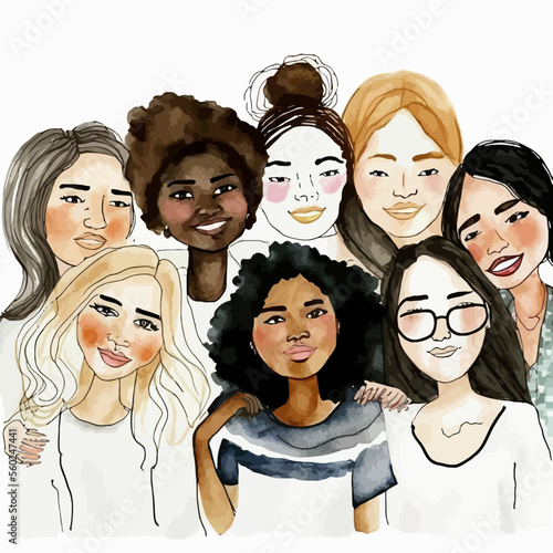 A trendy illustration featuring a happy team of young urban and multi-ethnic women. A modern and inspiring capture for all.