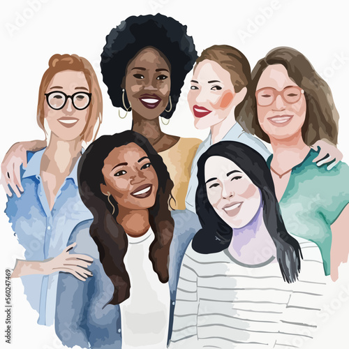 Solidarity group of young modern women who love life, party and fashion. Energetic and positive illustration promoting feminism and ethnic tolerance.