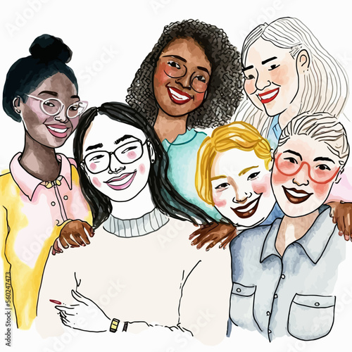 A group of strong, modern women celebrating friendship, ethnic diversity and women's rights. High energy and positive illustration to promote the feminist message.