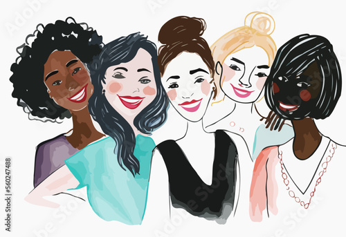 A group of young women united and modern, enjoying the current lifestyle and supporting each other. A colorful and inspiring illustration that expresses feminism and diversity.