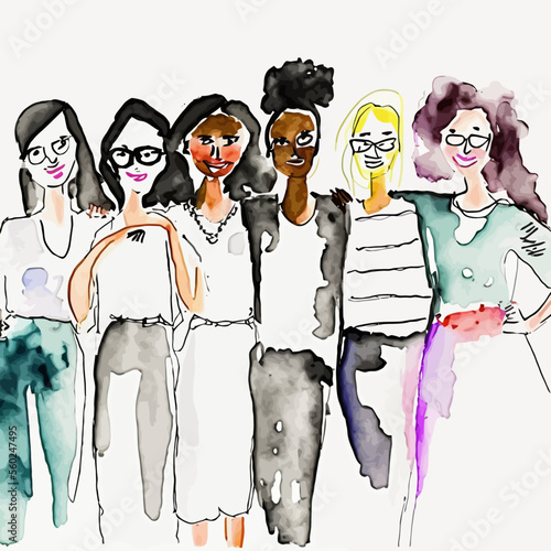 Group of young modern women admiring life, party and fashion. Evocative illustration of feminism and ethnic inclusion: positive energy and shared pride.