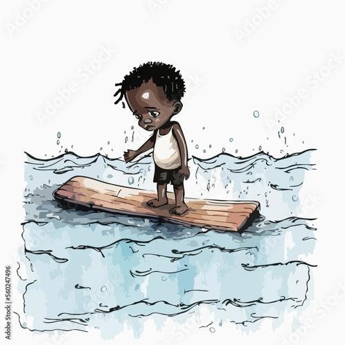 An African child alone in the ocean. A poignant illustration that shows the risks and pain of families trying to cross the Mediterranean Sea.