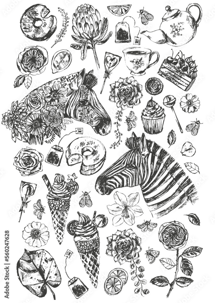 Hand drawn poster design template with zebra head, sweet dessert, tea, ice cream, flowers Hand drawn poster design template with zebra head, sweet dessert, tea, ice cream, flowers