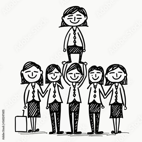 An inspiring illustration of a female leader at the center of a group of her female colleagues. Highlights the leadership and power of female teams in business.