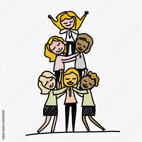 A woman business leader at the top of the pyramid made by her colleagues. Inspiring illustration of the power of leadership among women in business.