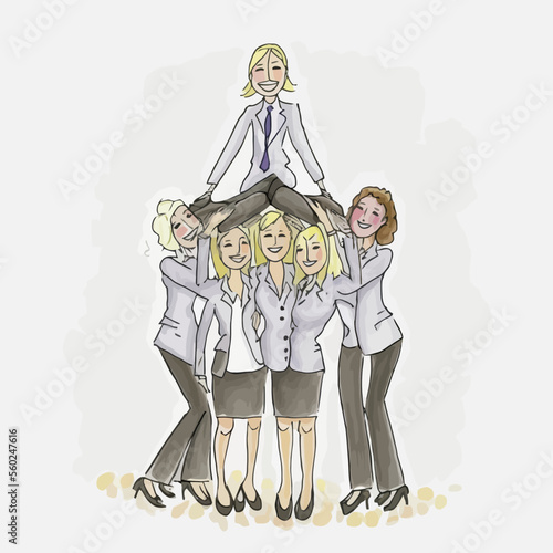 A female leader leading an all-female team, stacking colleagues to form a pyramid. A telling illustration of the strength of women's teams in business.